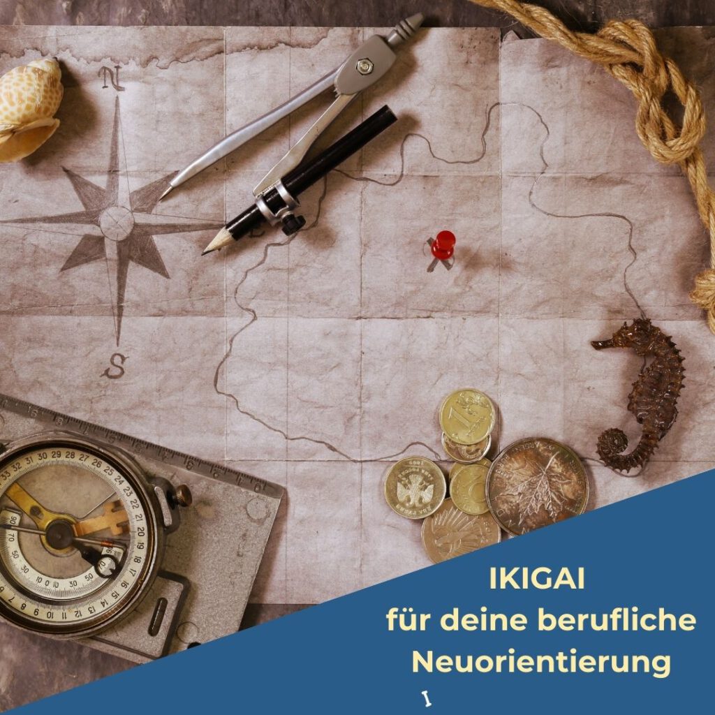 Landkarte mit Kompass und Zirkel und Schrift "Wie du IKIGAI für deine berufliche Neuorientierung nutzen kannst"