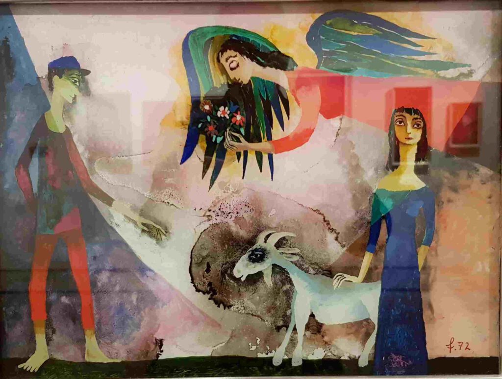 Gemälde von cuon Fischer, das einen Mann, eine Frau und einen Ziegenbock zeigt