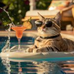 Katze mit Longdrink und Sonnenbrille im Pool