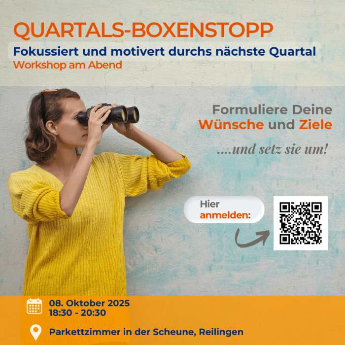 Frau im gelben Pulli, die durch ein Fernglas schaut. Überschrift: Quartals-Boxenstopp