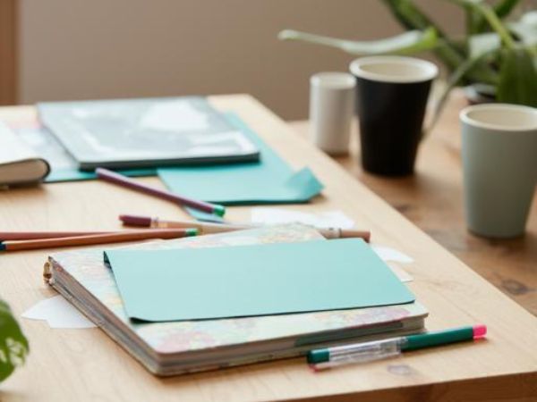 Workshop-Eindruck: Kladden, Stifte und Kaffeetassen auf einem Holztisch