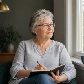 Korina Dielscjneider, Autorin des buntbrief-Newsletters, schreibend aus dem Fenster schauend.